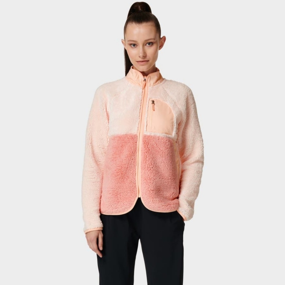 Sweaty Betty🍑Pennine Zip Sherpa Fleece Mesh Lined Jacket, XL, peach color 🆕